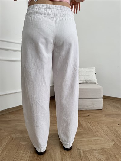 Beli Lastikli Balon Pantolon Beyaz
