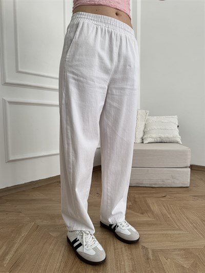 Beli Lastikli Balon Pantolon Beyaz