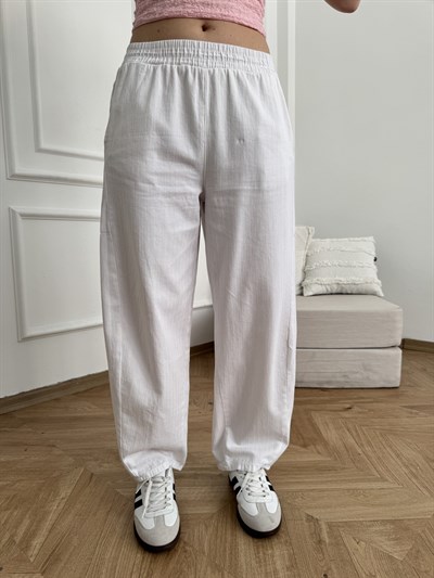 Beli Lastikli Balon Pantolon Beyaz