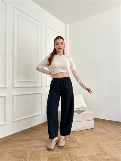 Beli Lastikli Balon Pantolon Lacivert