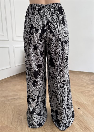 Beli Lastikli Bol Paça Desenli Pantolon Siyah-ekru