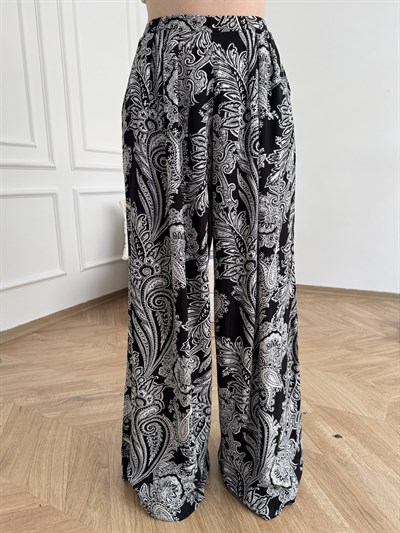 Beli Lastikli Bol Paça Desenli Pantolon Siyah-ekru