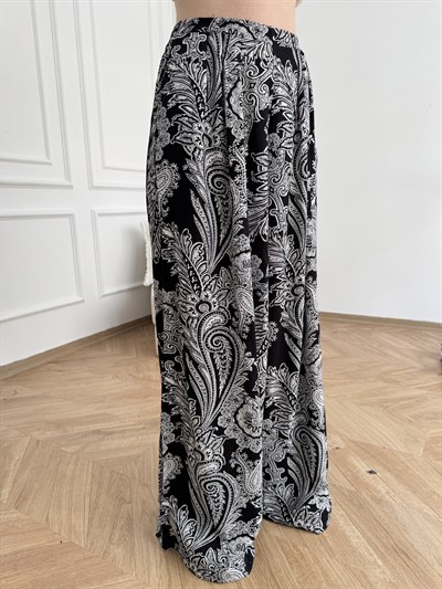 Beli Lastikli Bol Paça Desenli Pantolon Siyah-ekru