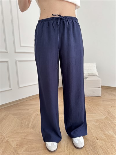 Beli Lastikli Bol Paça Pantolon Lacivert