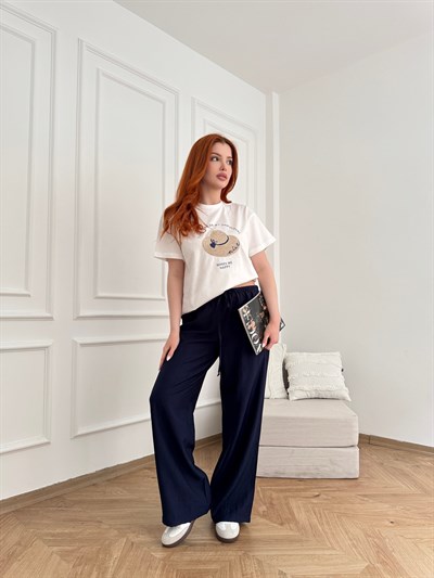 Beli Lastikli Bol Paça Pantolon Lacivert