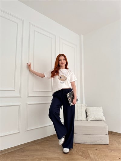 Beli Lastikli Bol Paça Pantolon Lacivert