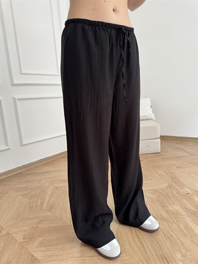Beli Lastikli Bol Paça Pantolon Siyah