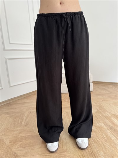 Beli Lastikli Bol Paça Pantolon Siyah