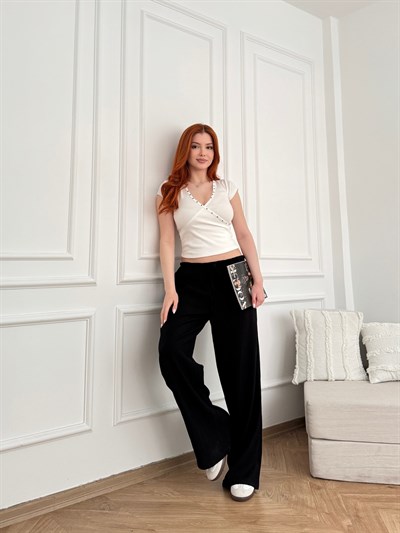 Beli Lastikli Bol Paça Pantolon Siyah