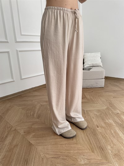 Beli Lastikli Bol Paça Pantolon Taş