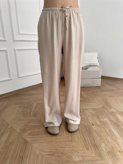 Beli Lastikli Bol Paça Pantolon Taş