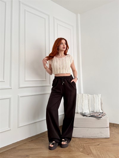Beli Lastikli Bol Pantolon Acı kahve