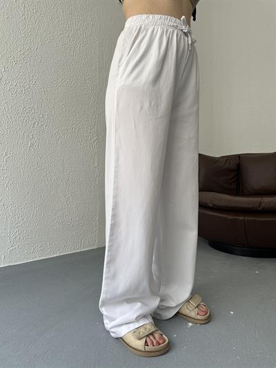 Beli Lastikli Bol Pantolon Beyaz
