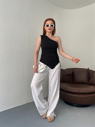 Beli Lastikli Bol Pantolon Beyaz