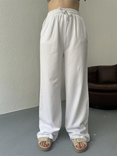 Beli Lastikli Bol Pantolon Beyaz