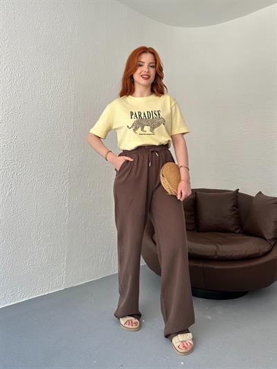 Beli Lastikli Bol Pantolon Kahve