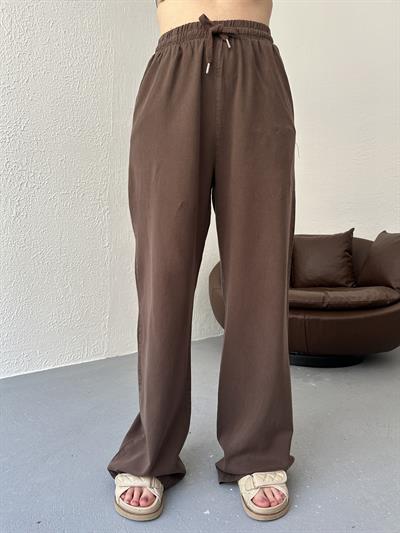 Beli Lastikli Bol Pantolon Kahve