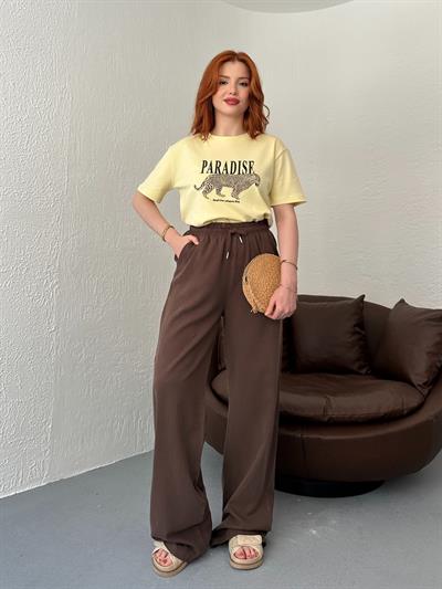 Beli Lastikli Bol Pantolon Kahve