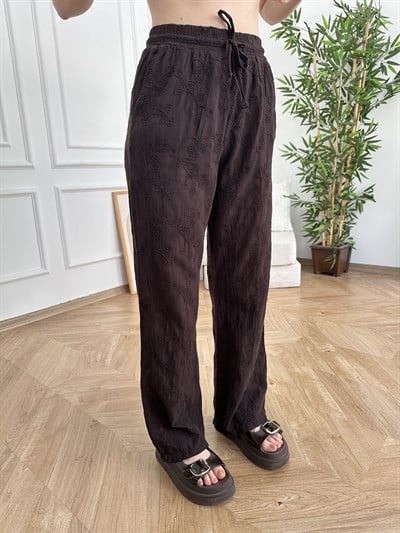 Beli Lastikli Çiçek Nakışlı Pantolon Acı kahve