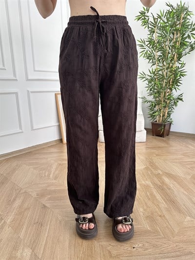 Beli Lastikli Çiçek Nakışlı Pantolon Acı kahve
