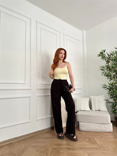 Beli Lastikli Çiçek Nakışlı Pantolon Acı kahve