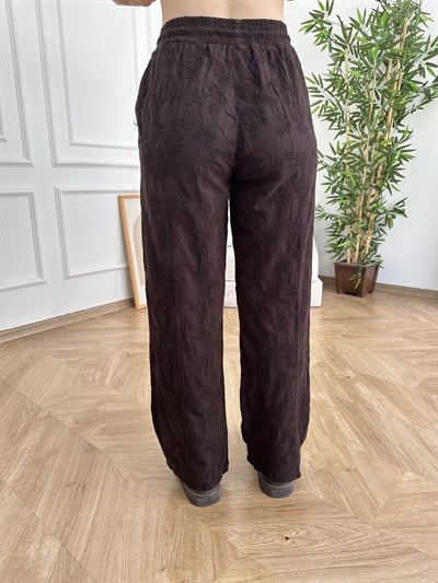Beli Lastikli Çiçek Nakışlı Pantolon Acı kahve