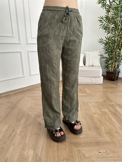 Beli Lastikli Çiçek Nakışlı Pantolon Haki