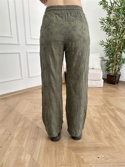 Beli Lastikli Çiçek Nakışlı Pantolon Haki