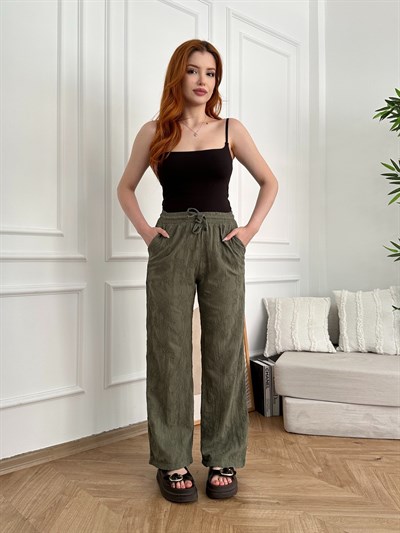 Beli Lastikli Çiçek Nakışlı Pantolon Haki