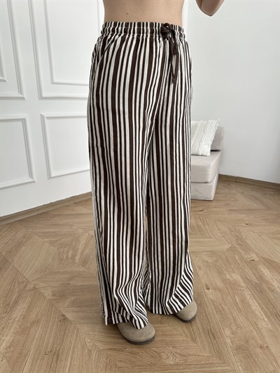 Beli Lastikli Çizgili Bol Paça Pantolon Kahve