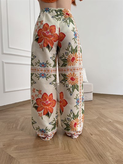 Beli Lastikli Desenli Bol Pantolon Krem