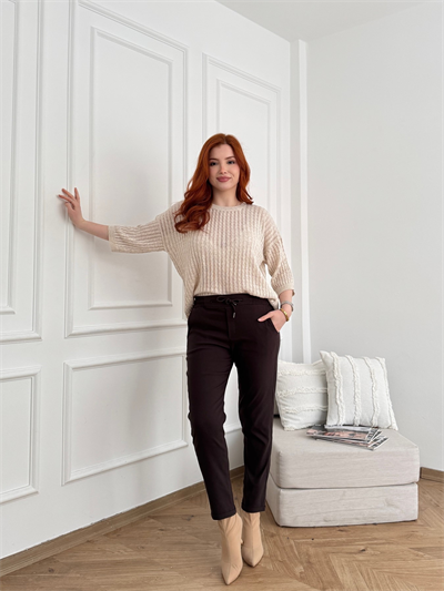Beli Lastikli Duble Paça Pantolon Kahve
