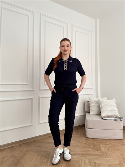 Beli Lastikli Duble Paça Pantolon Lacivert