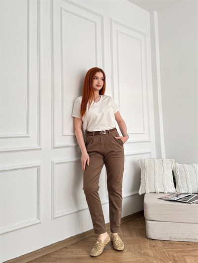 Beli Lastikli Kemerli Pantolon Acı kahve