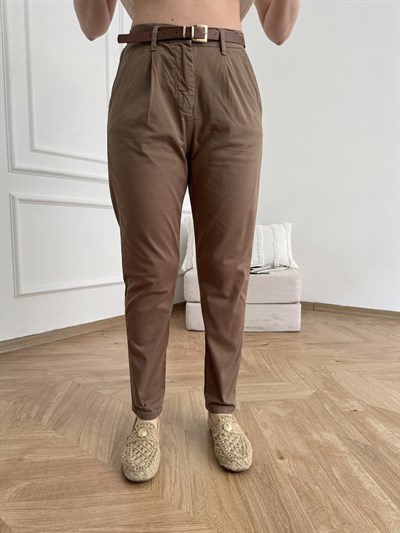 Beli Lastikli Kemerli Pantolon Acı kahve