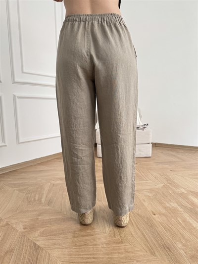 Beli Lastikli Keten Pantolon Koyu bej