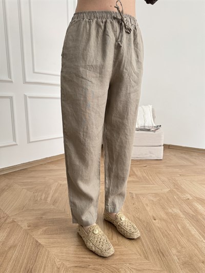 Beli Lastikli Keten Pantolon Koyu bej