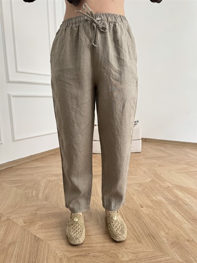 Beli Lastikli Keten Pantolon Koyu bej