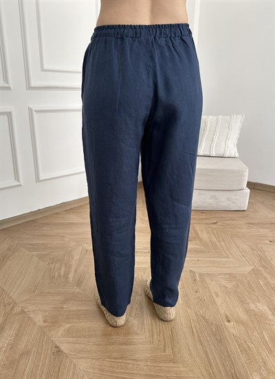 Beli Lastikli Keten Pantolon Lacivert