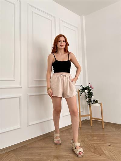 Beli Lastikli Kısa Şort Bej melanj
