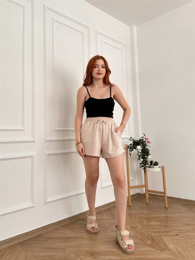Beli Lastikli Kısa Şort Bej melanj