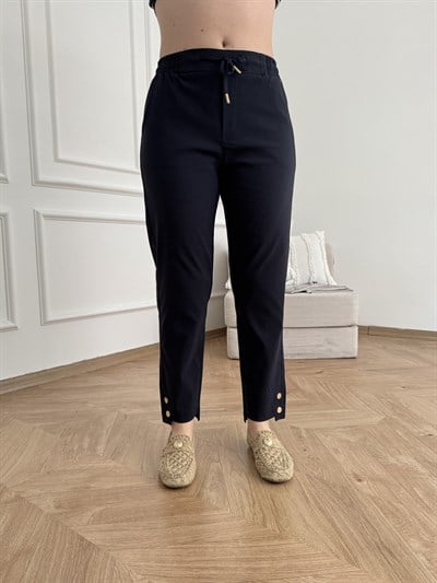 Beli Lastikli Paça Düğmeli Pantolon Lacivert