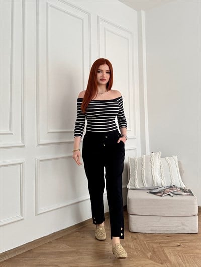 Beli Lastikli Paça Düğmeli Pantolon Lacivert