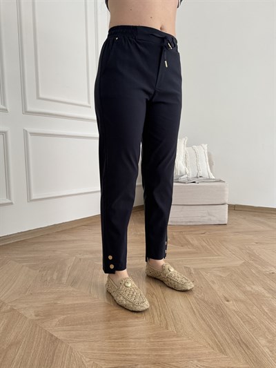 Beli Lastikli Paça Düğmeli Pantolon Lacivert