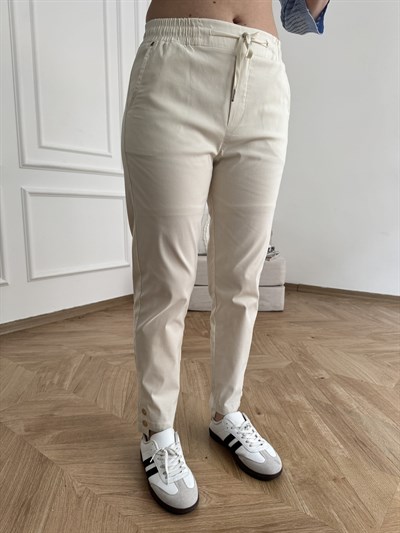 Beli Lastikli Paça Düğmeli Pantolon Taş