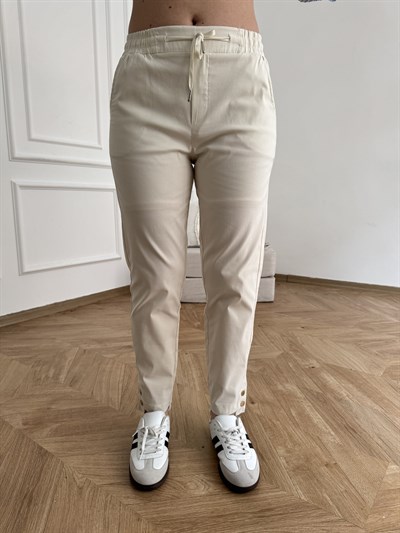 Beli Lastikli Paça Düğmeli Pantolon Taş