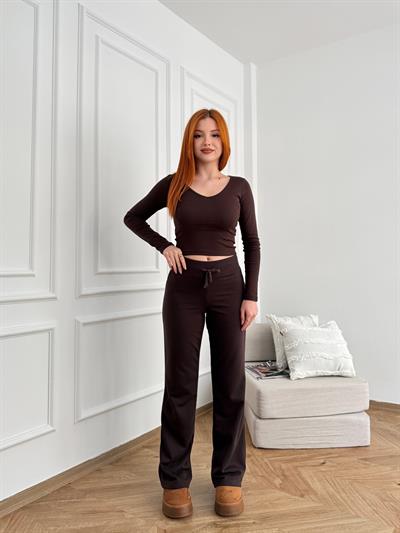 Beli Ribana Detay İspanyol Paça Pantolon Acı kahve