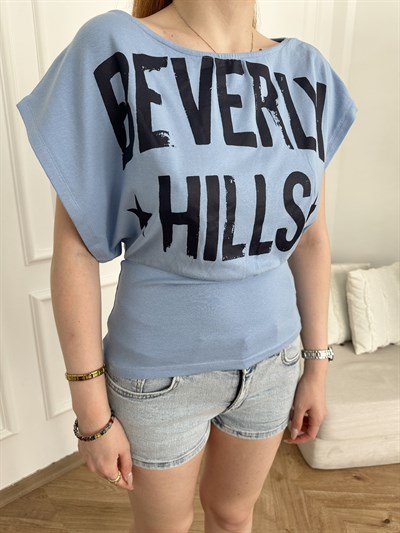 Beverly Hills Baskılı Yarasa T-shirt Mavi