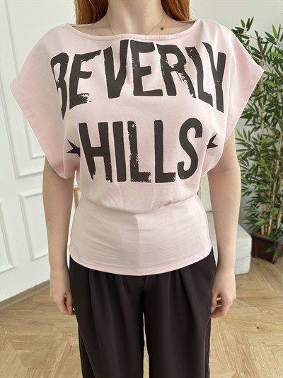 Beverly Hills Baskılı Yarasa T-shirt Şeker pembe