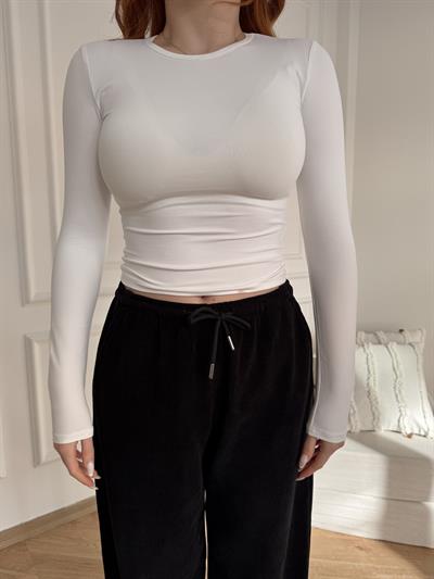 Bisiklet Yaka Basic Bluz Ekru